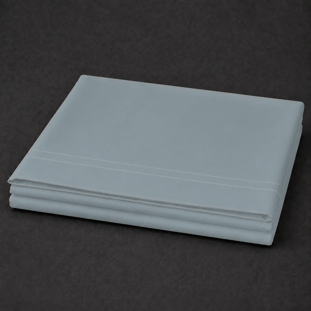 Duck Egg polycotton percale 200TC flat sheet with White two-row satin stitch — folded product view.