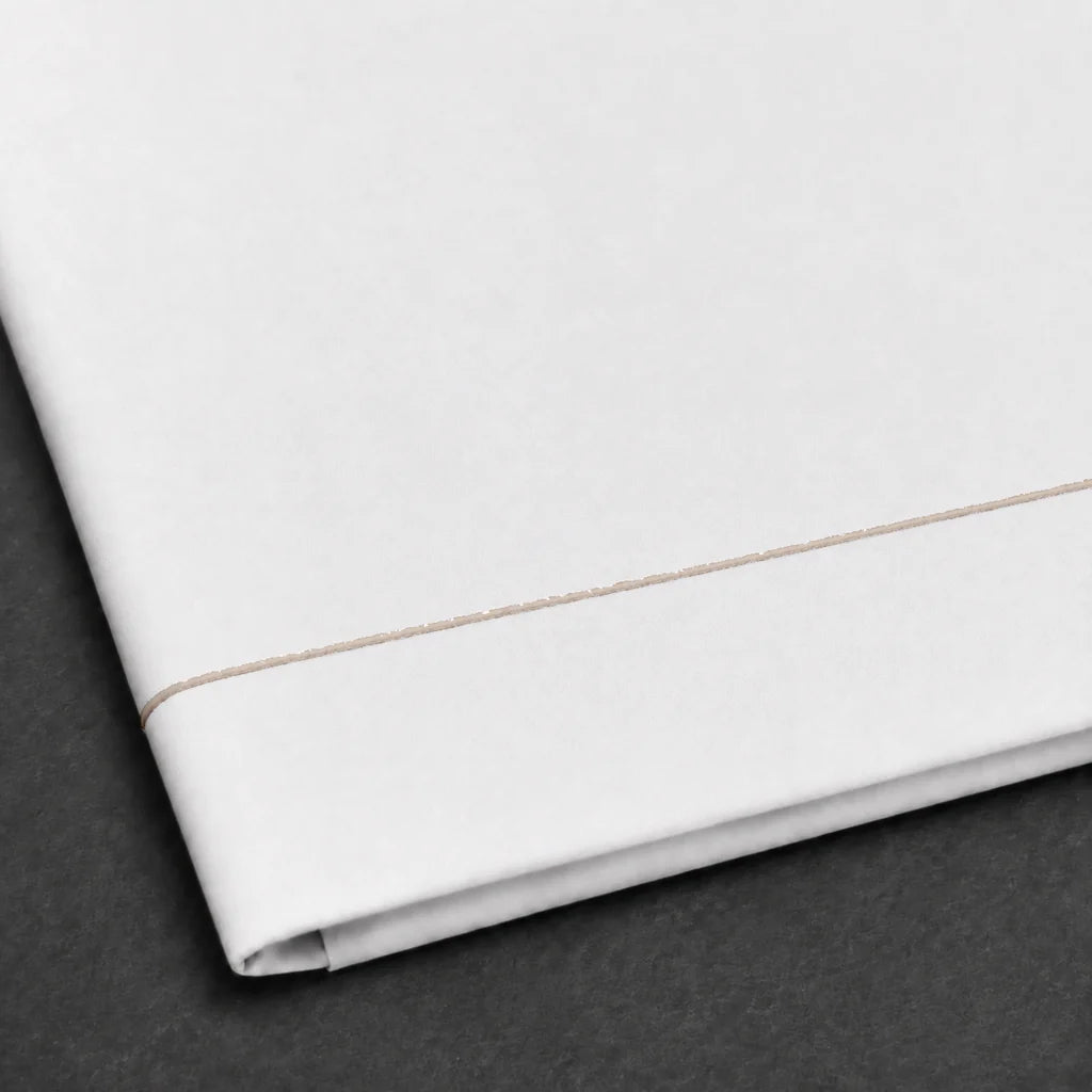 White Polycotton Percale 200TC flat sheet with Stone one row satin stitch - satin stitch close-up - Linen and Co