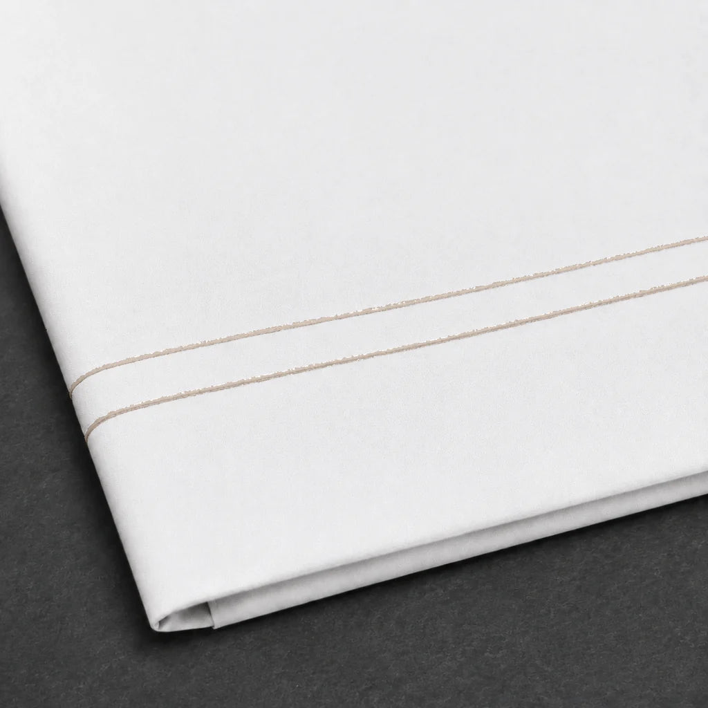 White Polycotton Percale 200TC flat sheet with Stone two row satin stitch - satin stitch close-up - Linen and Co