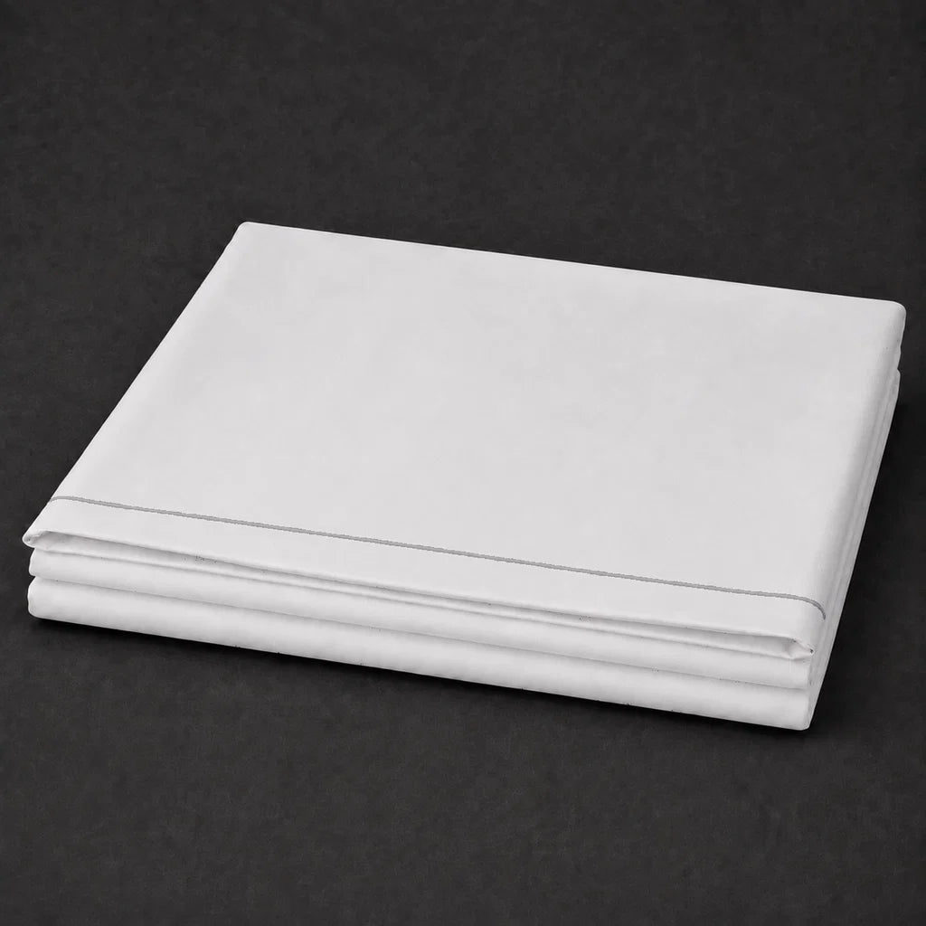 White Polycotton Percale 200TC flat sheet with Grey one row satin stitch - folded - Linen and Co