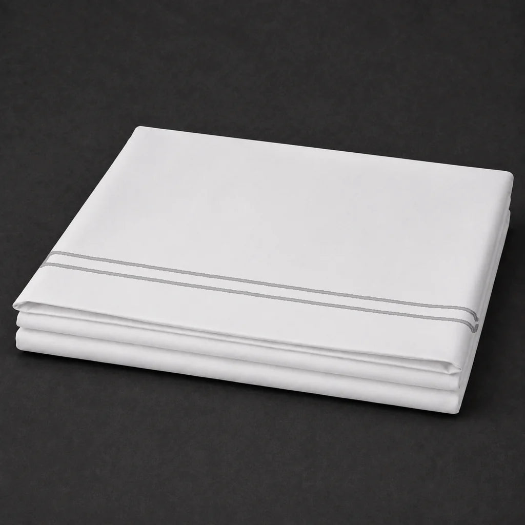 White Polycotton Percale 200TC flat sheet with Grey two row satin stitch - folded - Linen and Co
