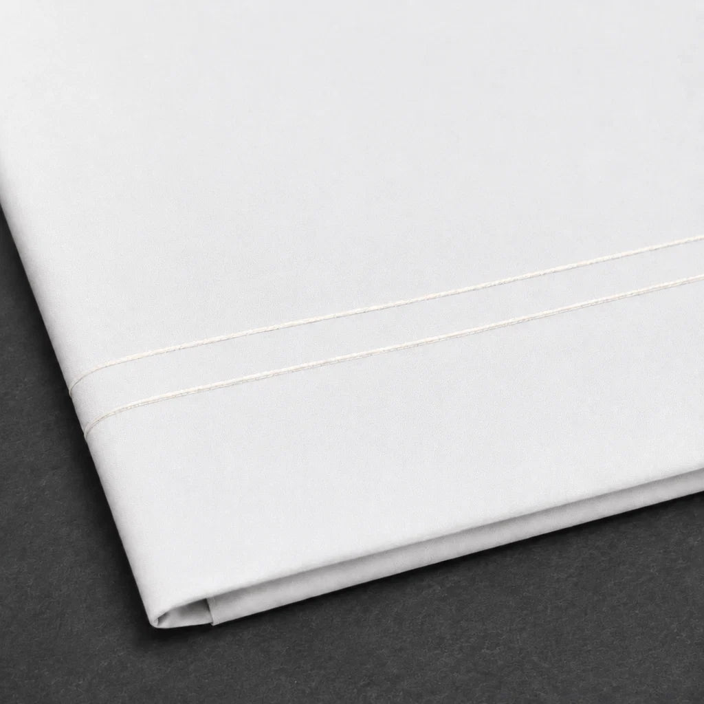 White Polycotton Percale 200TC flat sheet with Cream two row satin stitch - satin stitch close-up - Linen and Co