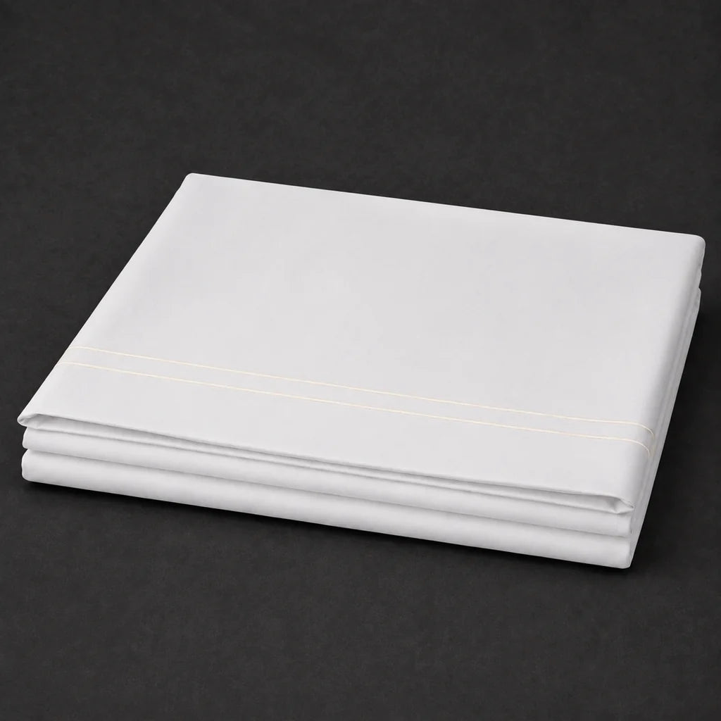 White Polycotton Percale 200TC flat sheet with Cream two row satin stitch - folded - Linen and Co