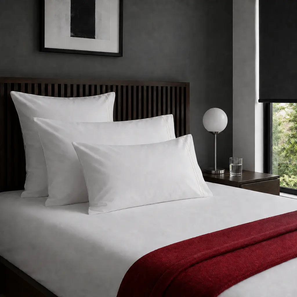 White 100% Cotton Percale 200TC pillow cases with Cream two-row satin stitch - on the bed - Linen and Co
