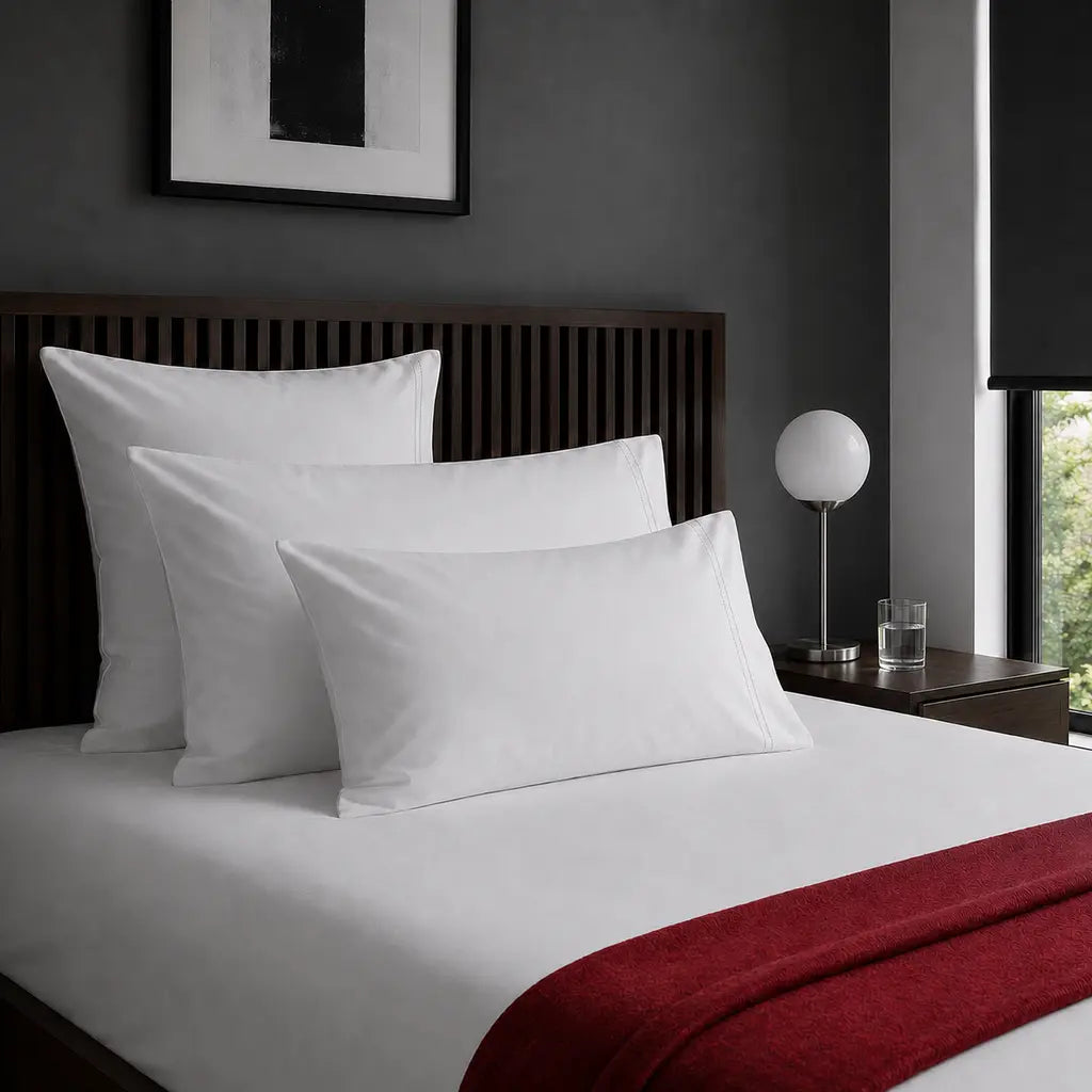 White 100% Cotton Percale 200TC pillow cases with White two-row satin stitch - on the bed - Linen and Co