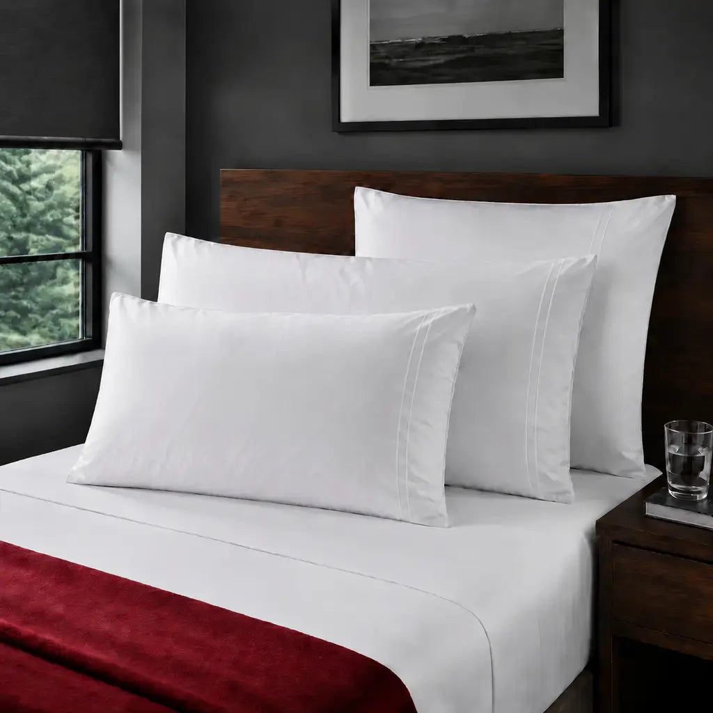 White Cotton Percale 300TC pillow cases with white two row satin stitch - on the bed - Linen and Co