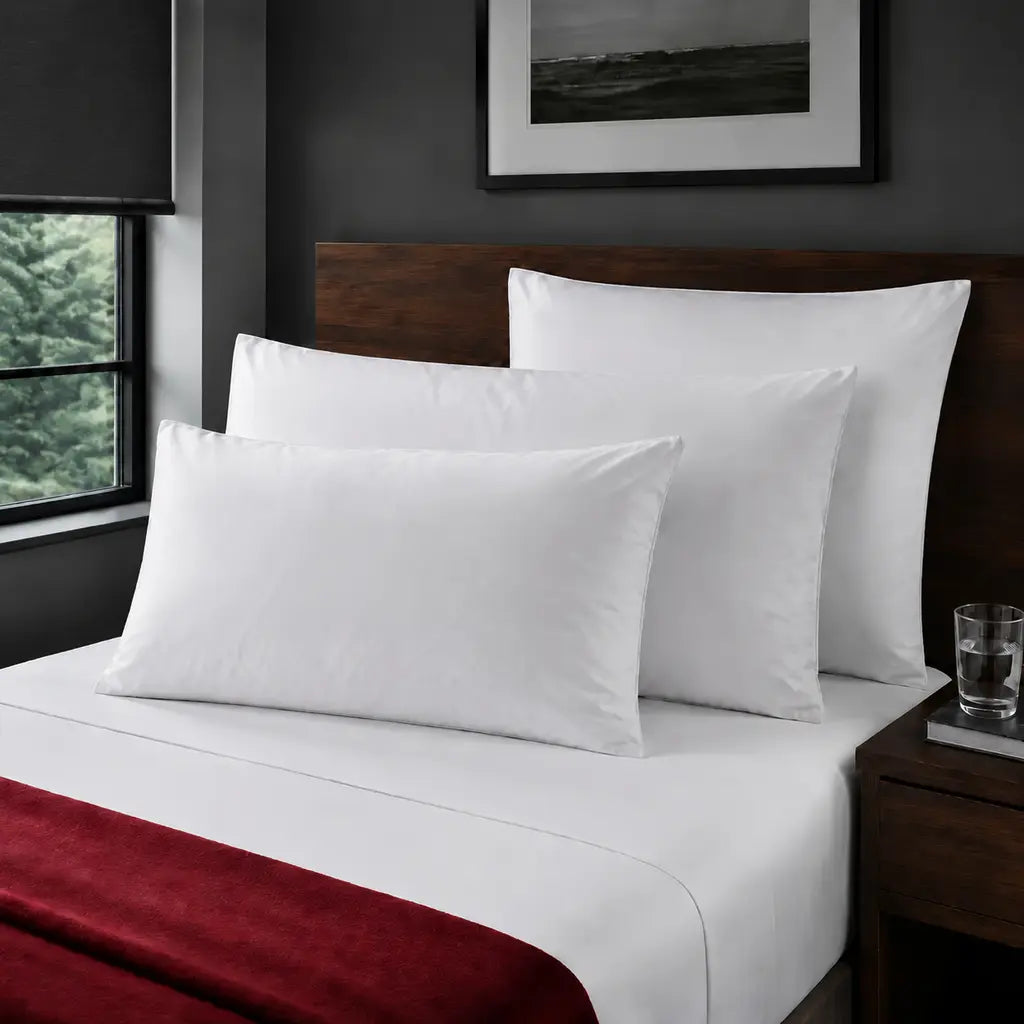 White Cotton Percale 300TC standard, king and continental pillow cases plain with no satin stitch - on the bed - Linen and Co