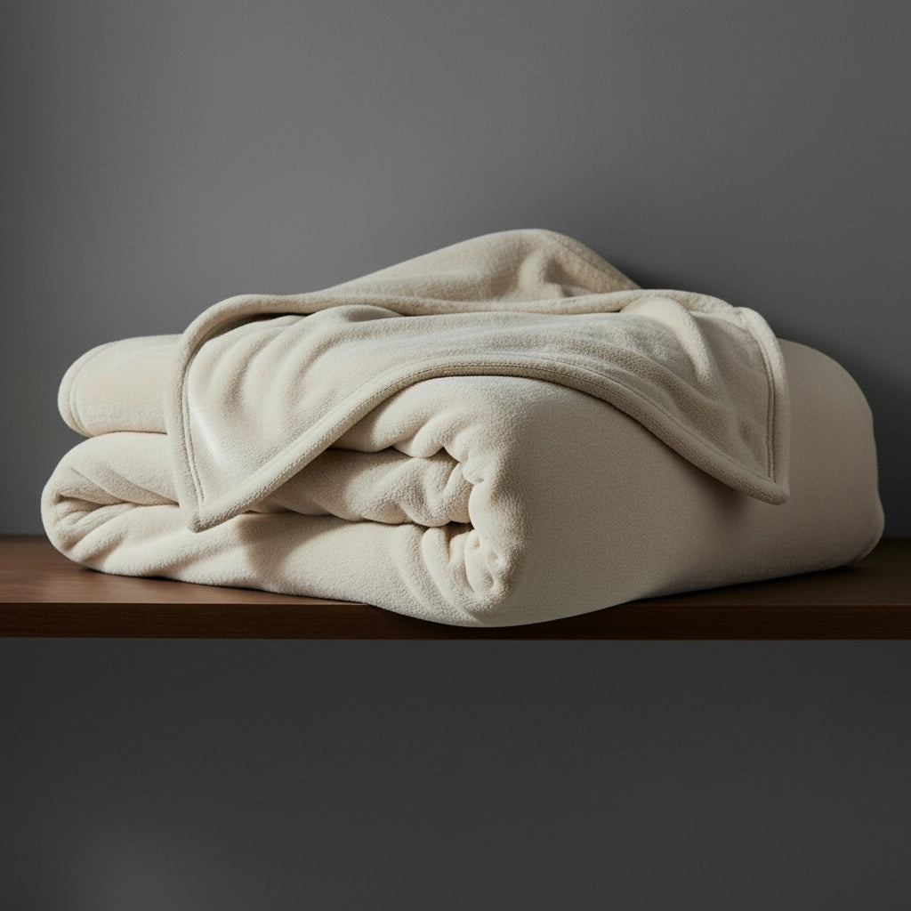 Beige Belfiore hotel blanket by Linen and Co, neatly folded to showcase its plush texture for hospitality and home.