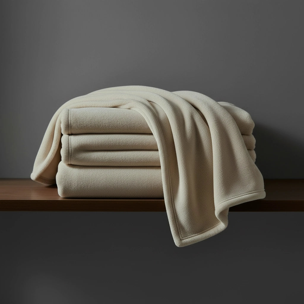 Beige Grey Lily hotel blanket by Linen and Co, neatly folded to showcase its plush texture for hospitality and home.