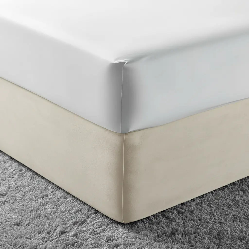 Linen and Co beige mock suede base wrap fitted to a bed base with a tailored finish