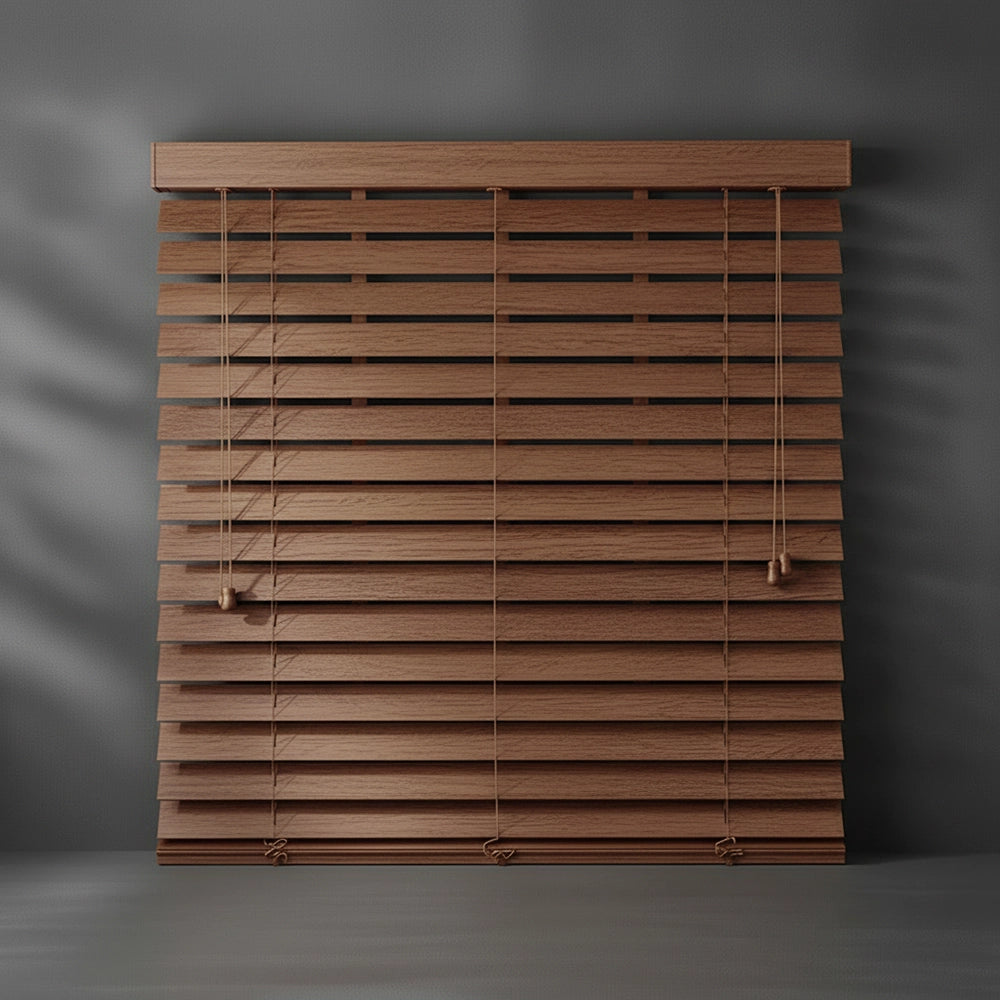Bolivian Oak 50mm Foiled Eco Wood Venetian blind by Linen and Co - premium hospitality window blinds