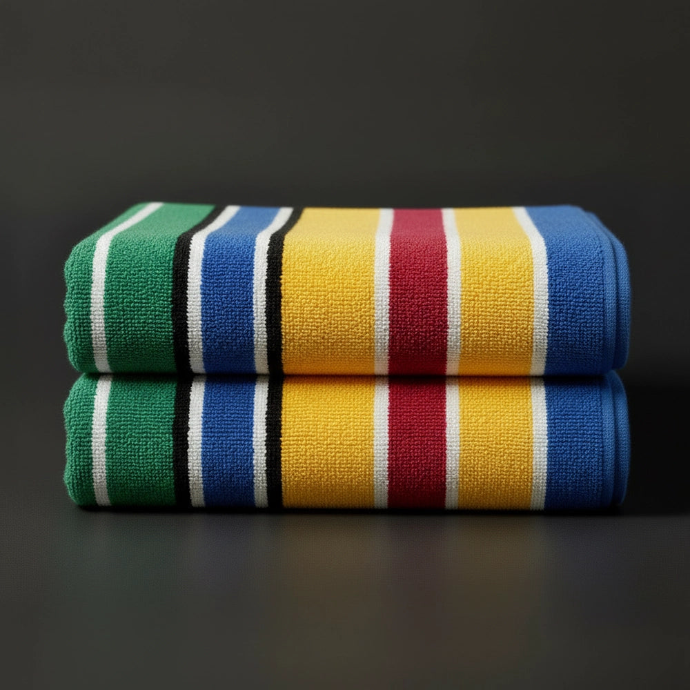 Blue,Red,Green Multicolour Velour striped beach towels stacked - premium hospitality pool linen by Linen and Co