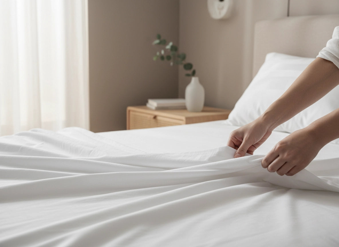 Hotel housekeeping making a bed with crisp white linens by Linen and Co, featuring premium hospitality bed linen care and maintenance