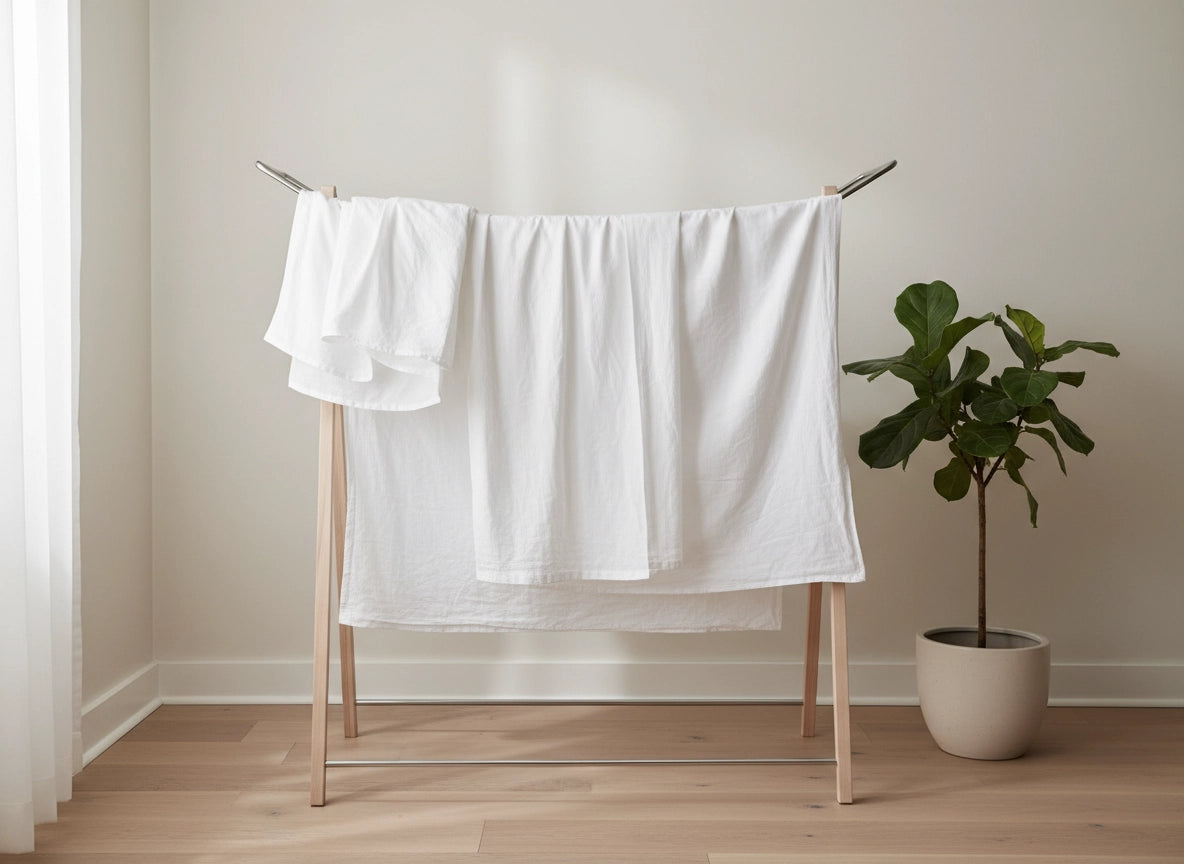 Care guide for 100% Cotton Percale 300TC bed linen by Linen and Co, featuring washing, drying, and maintenance instructions for premium hospitality bedding