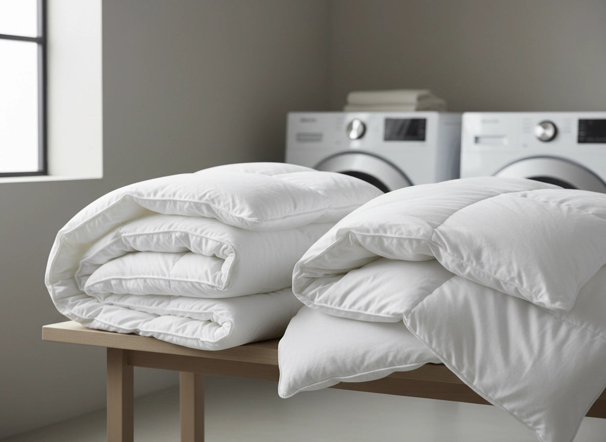 White hotel duvet inners in a laundry room setting, hospitality bedding care and maintenance guide