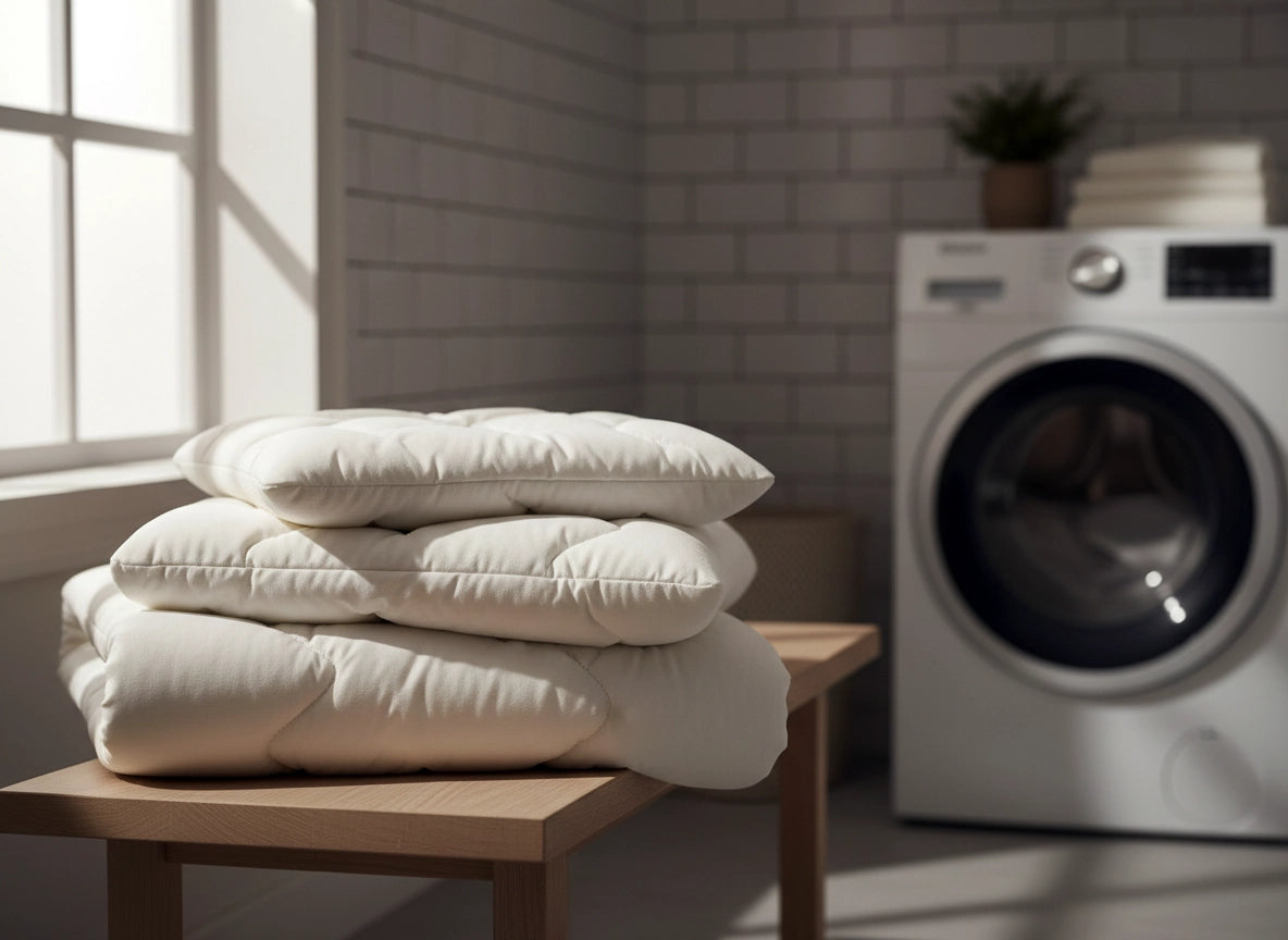 Hotel mattress topper and convertor in a laundry room setting, hospitality bedding care and maintenance guide