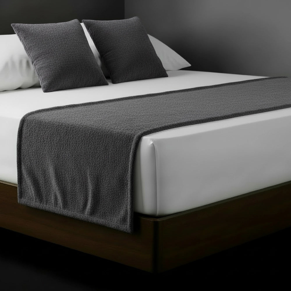 Dark Grey chenille bed runner and cushions on white bed by Linen and Co - luxury hospitality bedding