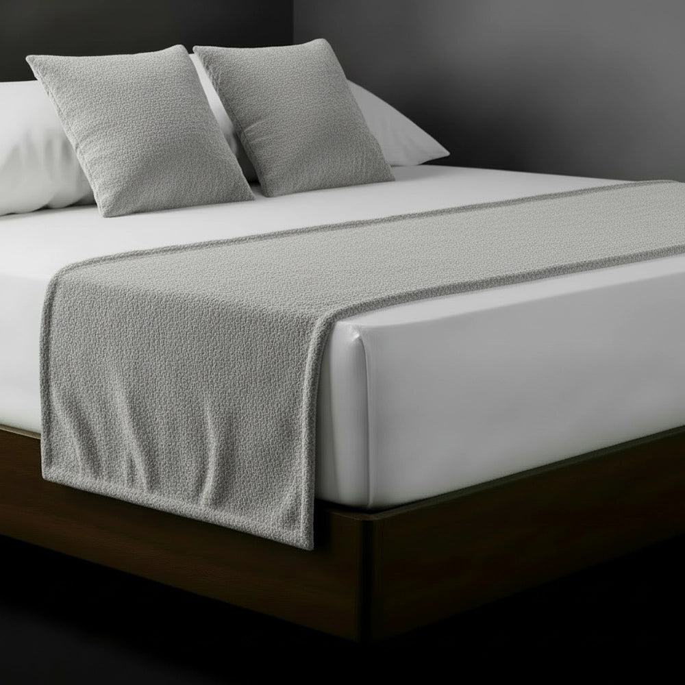 Light Grey chenille bed runner and cushions on white bed by Linen and Co - luxury hospitality bedding