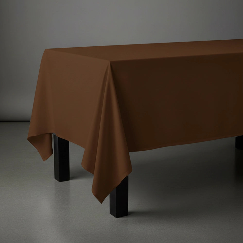 Chocolate brown rectangle table cloth on wooden table by Linen and Co - premium hospitality table linen