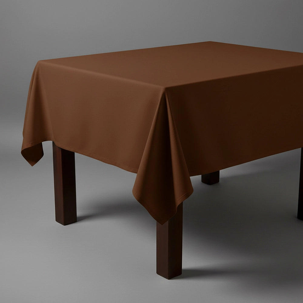 Chocolate square table cloth on wooden table by Linen and Co - premium hospitality table linen