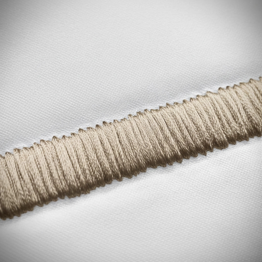 Close-up of stone satin stitch detail on white percale by Linen and Co