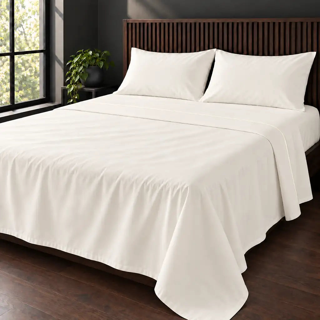 cream cotton percale 200tc flat sheet, one row cream satin stitch — hero — Linen and Co
