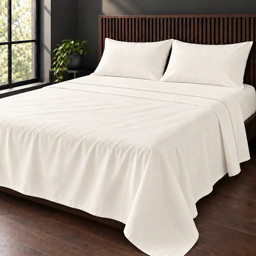 cream cotton percale 200tc flat sheet, one row grey satin stitch — hero — Linen and Co