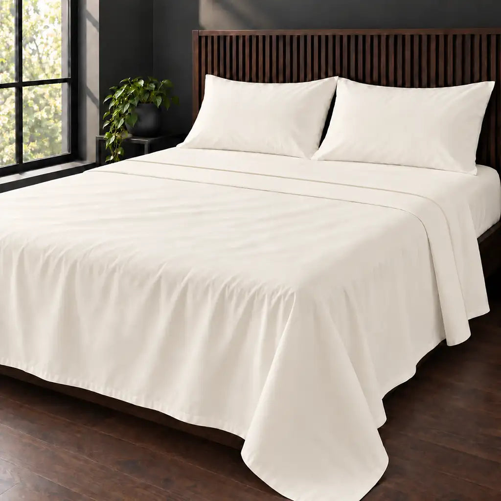 cream cotton percale 200tc flat sheet, one row stone satin stitch — hero — Linen and Co