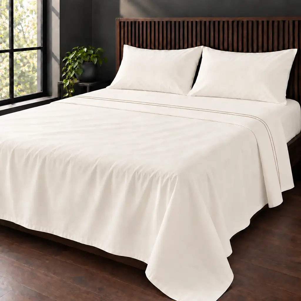 cream cotton percale 200tc flat sheet, two row stone satin stitch — hero — Linen and Co