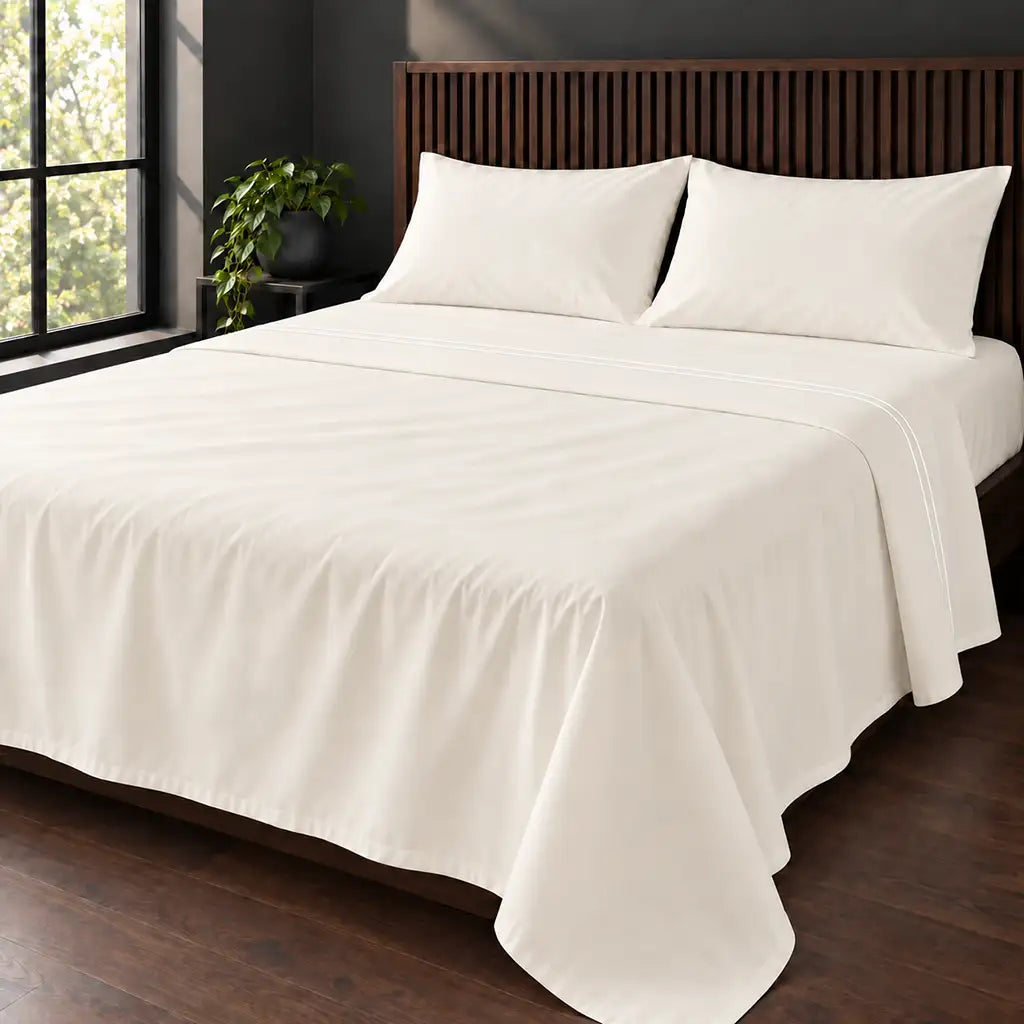 cream cotton percale 200tc flat sheet, two row white satin stitch — hero — Linen and Co