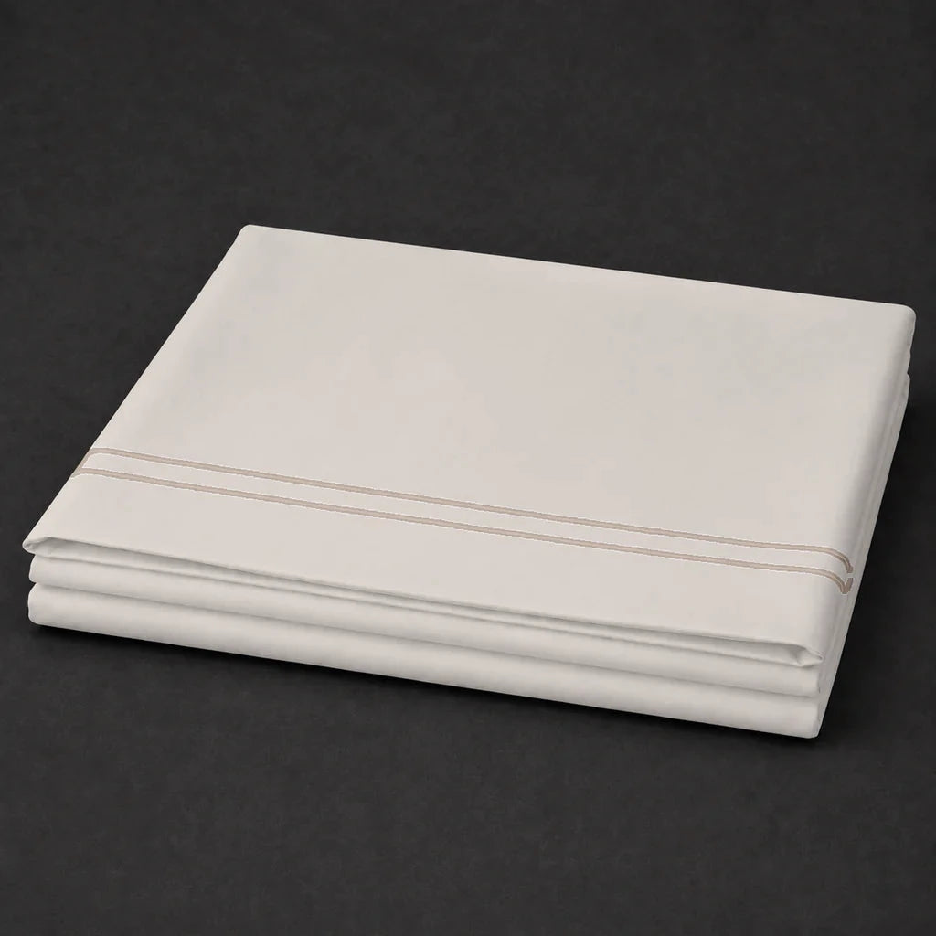 Ivory Cream Flat Sheet with Stone two-row satin stitch - folded - Linen and Co