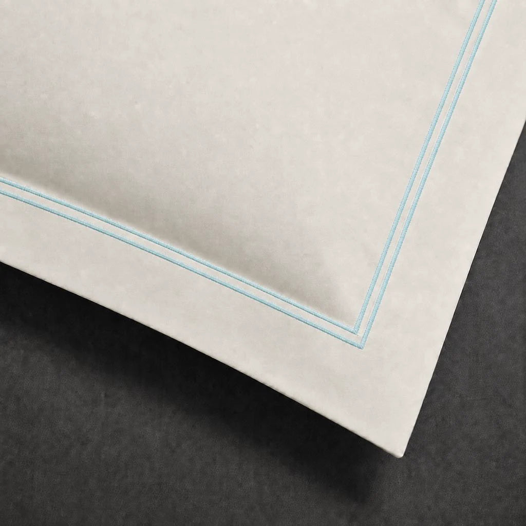 Ivory Cream Oxford Pillow Case with Duck Egg two-row satin stitch - border close-up - Linen and Co