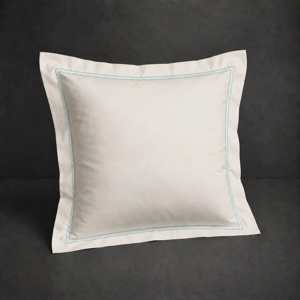 Ivory Cream Oxford Pillow Case, Continental, with Duck Egg two-row satin stitch - Linen and Co