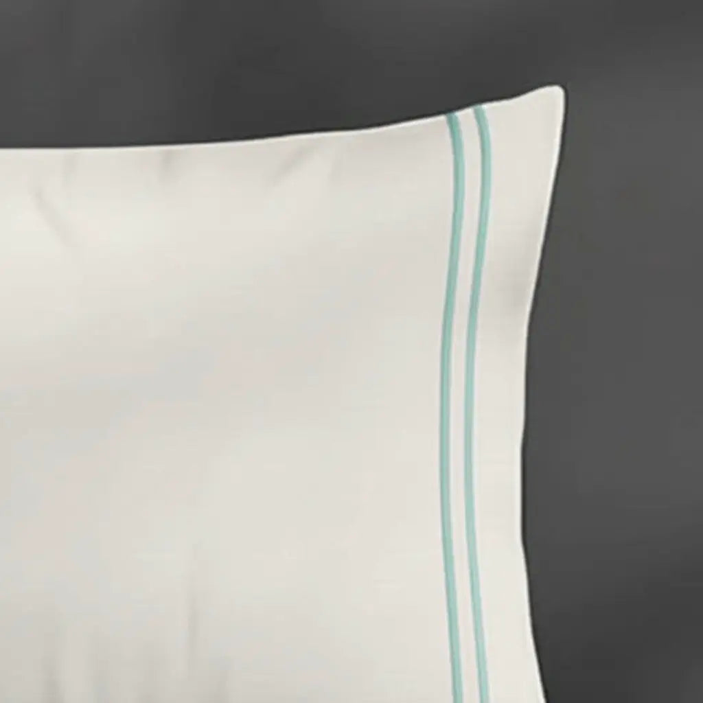 Ivory Cream Plain Pillow Case with Duck Egg two-row satin stitch - border close-up - Linen and Co