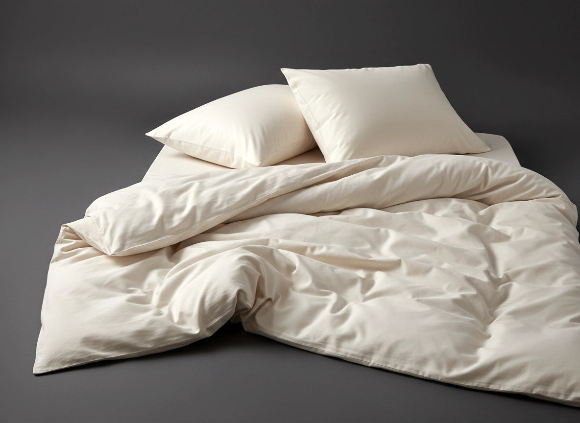 Cream percale bed linen set with pillows and duvet on bed by Linen and Co - luxury hospitality bedding collection