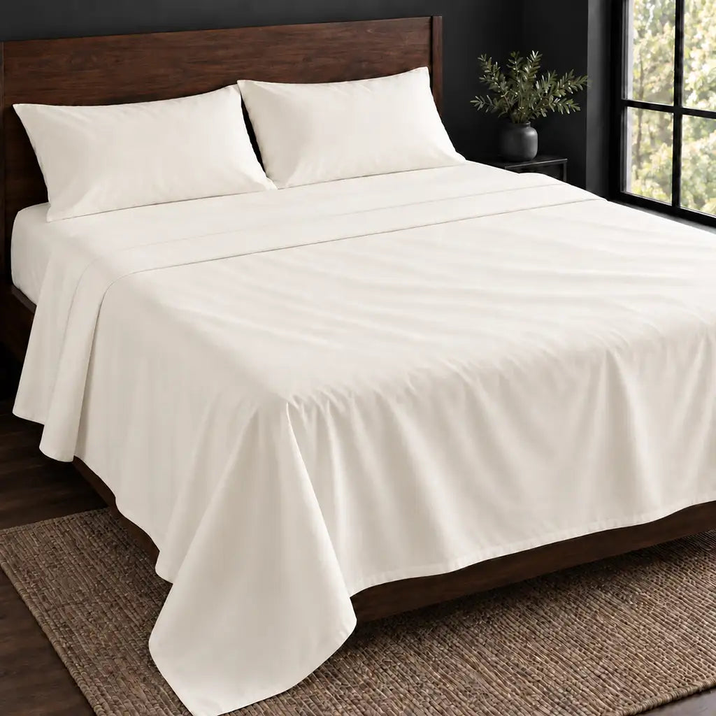 cream polycotton percale 200tc flat sheet, plain no satin stitch — hero — Linen and Co