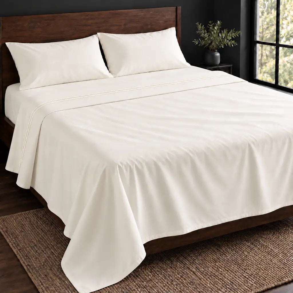 cream polycotton percale 200tc flat sheet, two row cream satin stitch — hero — Linen and Co