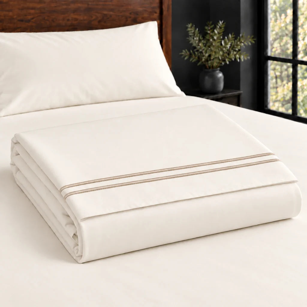 cream polycotton percale 200tc flat sheet, two row stone satin stitch — construction — Linen and Co