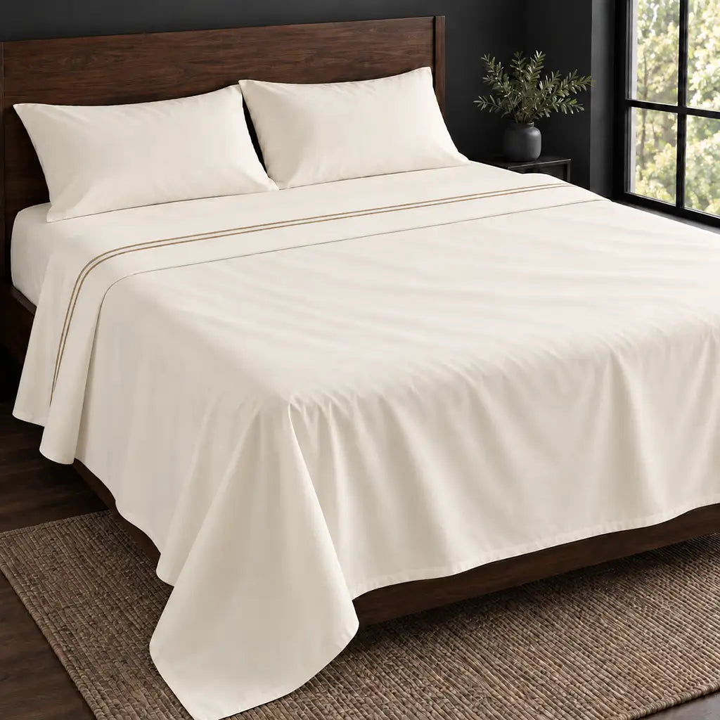 cream polycotton percale 200tc flat sheet, two row stone satin stitch — hero — Linen and Co