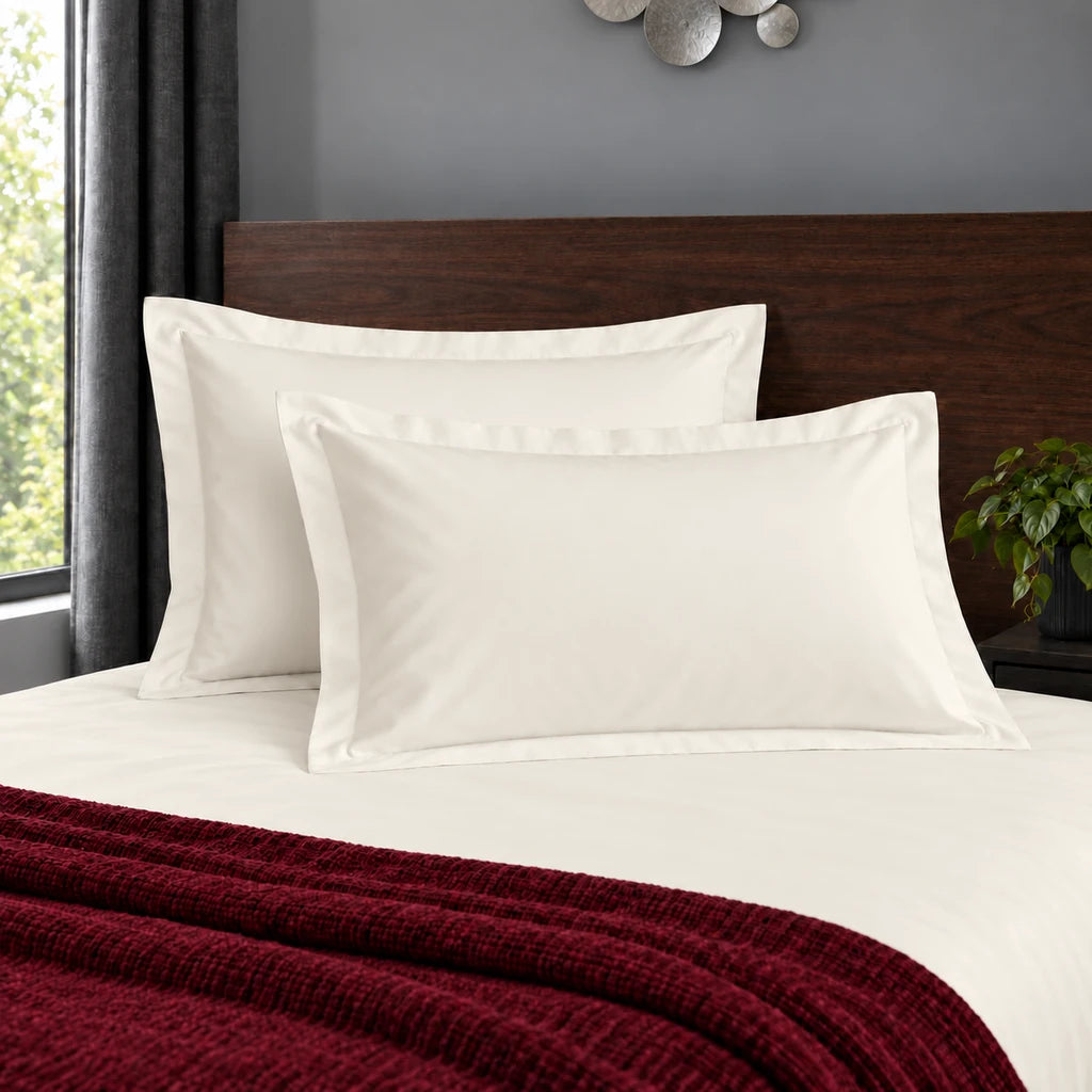 Oxford cream 200TC polycotton percale pillowcases with no satin stitch border by Linen and Co