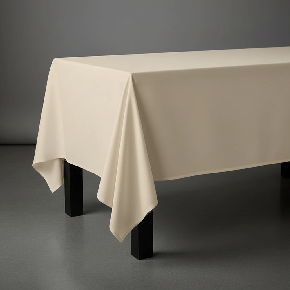 Cream rectangle table cloth on wooden table by Linen and Co - premium hospitality table linen
