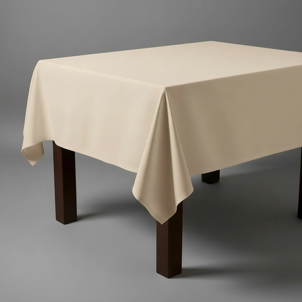 Cream square table cloth on wooden table by Linen and Co - premium hospitality table linen