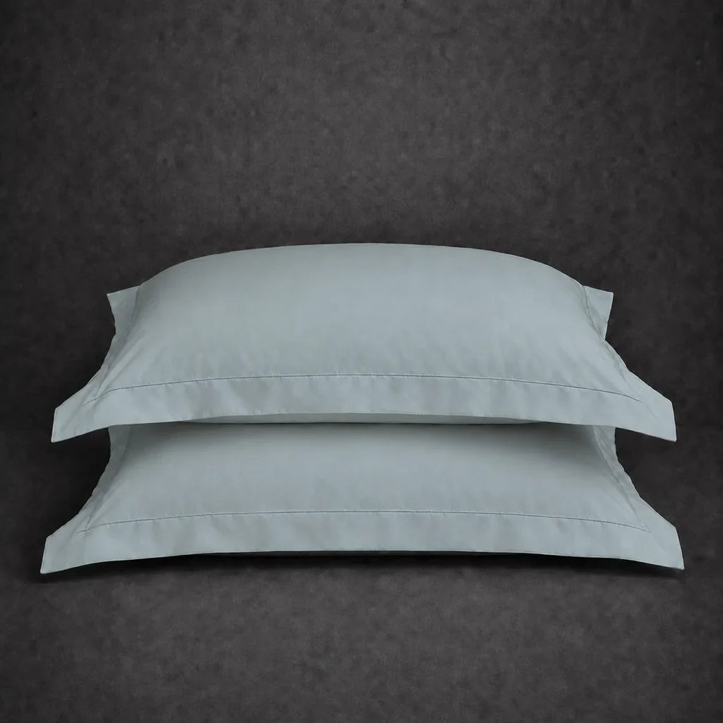 Duck Egg 100% cotton percale 200TC Oxford pillow case, Standard and King, duck egg one row satin stitch — stacked pair view.