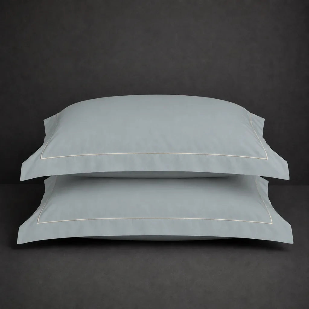 Duck Egg 100% cotton percale 200TC Oxford pillow case, Standard and King, natural cream one row satin stitch — stacked pair view.