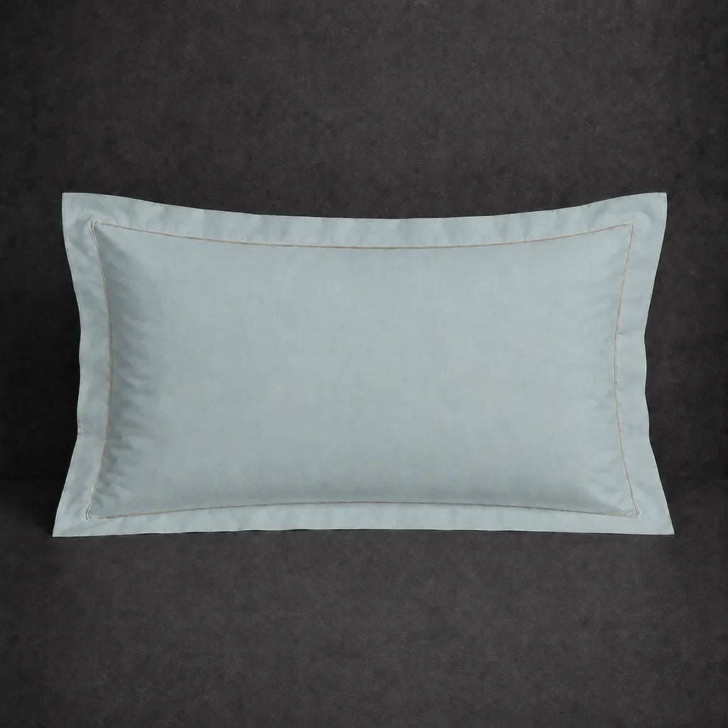 Duck Egg 100% cotton percale 200TC Oxford pillow case, Standard and King, stone one row satin stitch — front view.