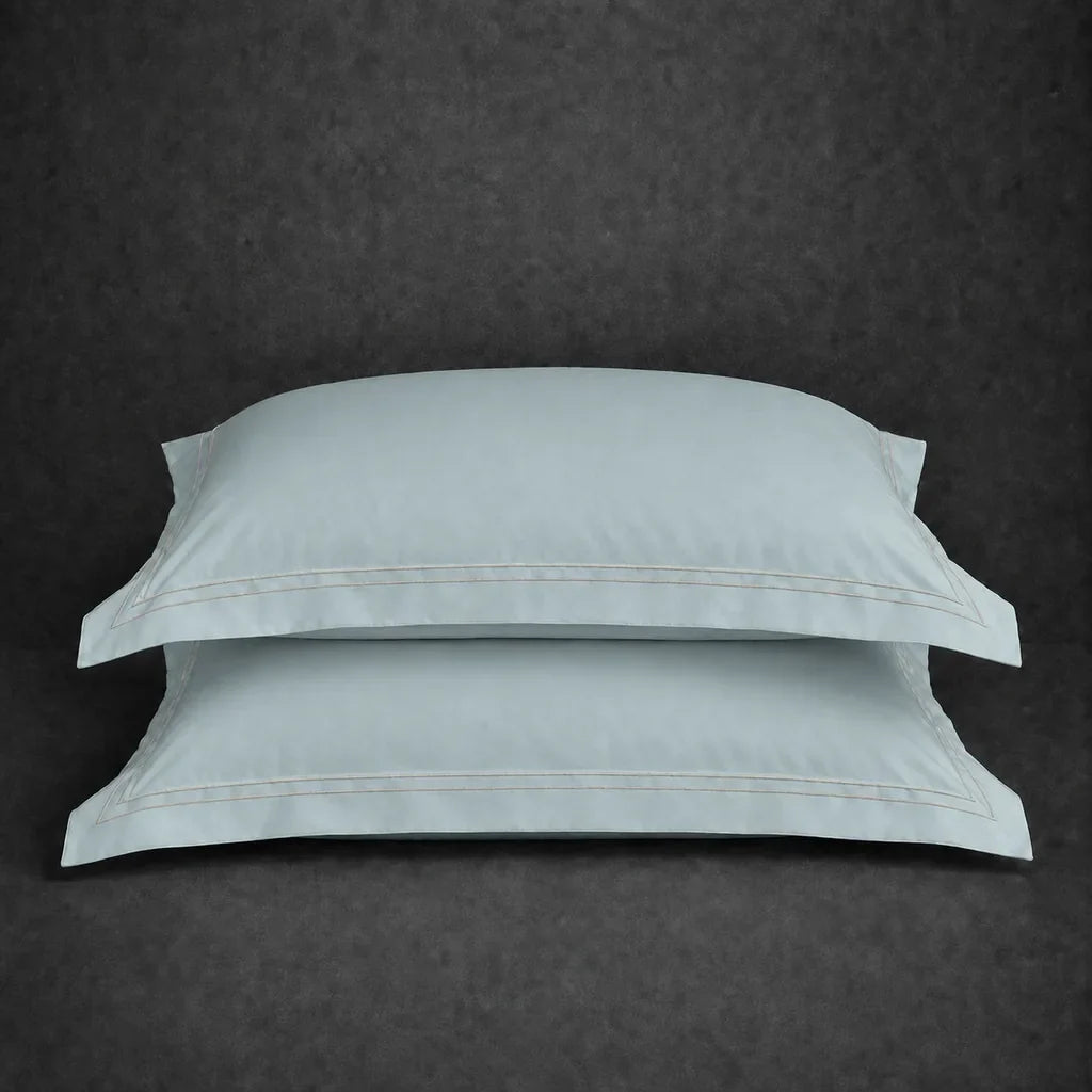 Duck Egg 100% cotton percale 200TC Oxford pillow case, Standard and King, stone two row satin stitch — stacked pair view.