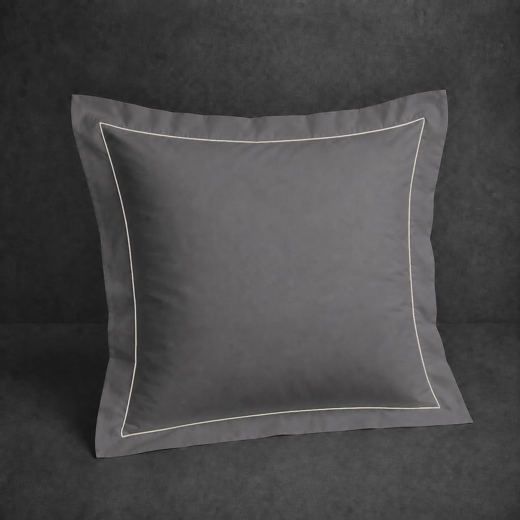 Grey 100% cotton percale 200TC Oxford pillow case, Continental, Natural Cream one row satin stitch — front view.