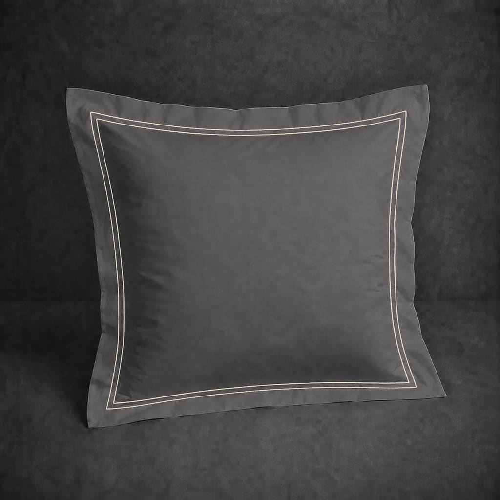 Grey 100% cotton percale 200TC Oxford pillow case, Continental, Natural Cream two row satin stitch — front view.