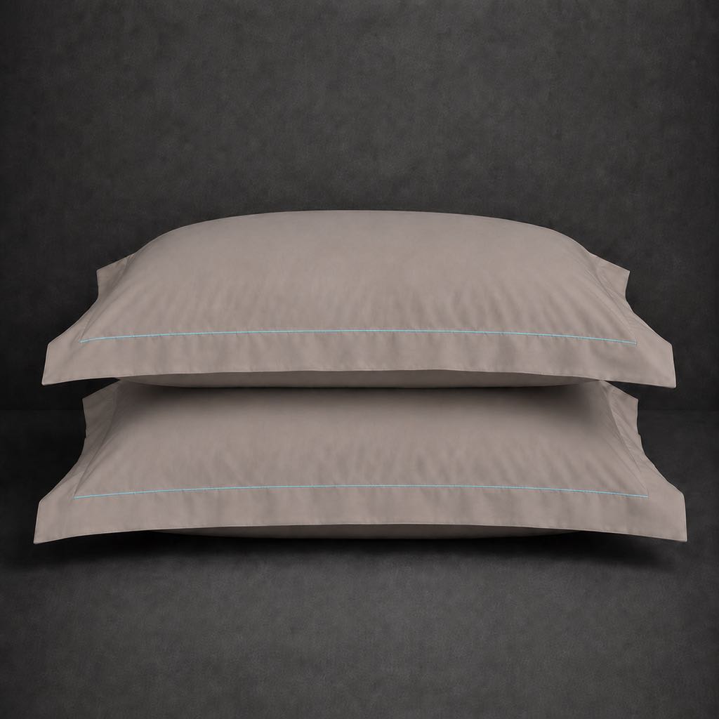Stone 100% cotton percale 200TC Oxford pillow case, Standard and King, duck egg one row satin stitch — stacked pair view.