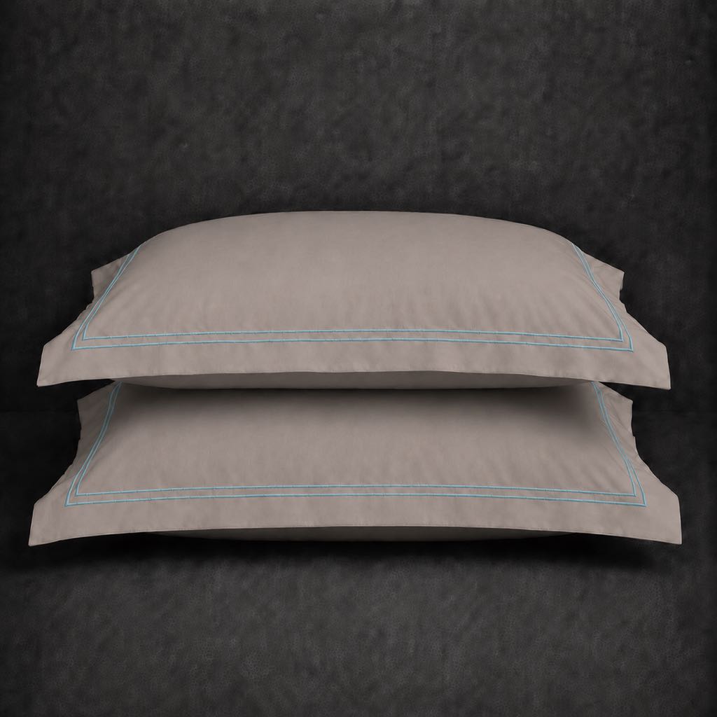 Stone 100% cotton percale 200TC Oxford pillow case, Standard and King, duck egg two row satin stitch — stacked pair view.